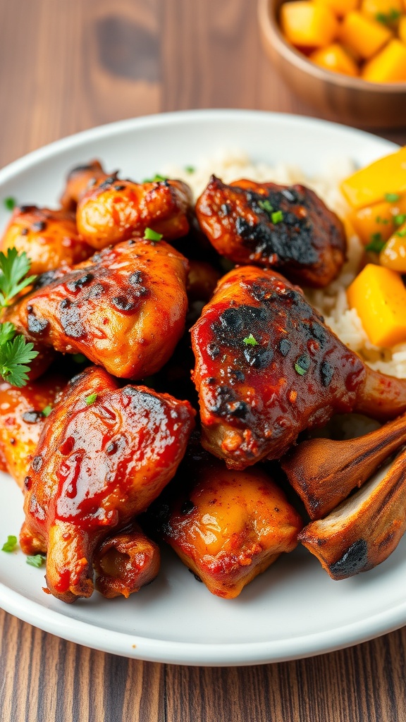 Jamaican Jerk BBQ Chicken served with rice and mango, set against a tropical sunset.