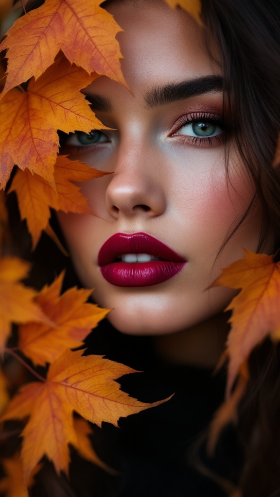 Model with bold berry lips surrounded by autumn leaves