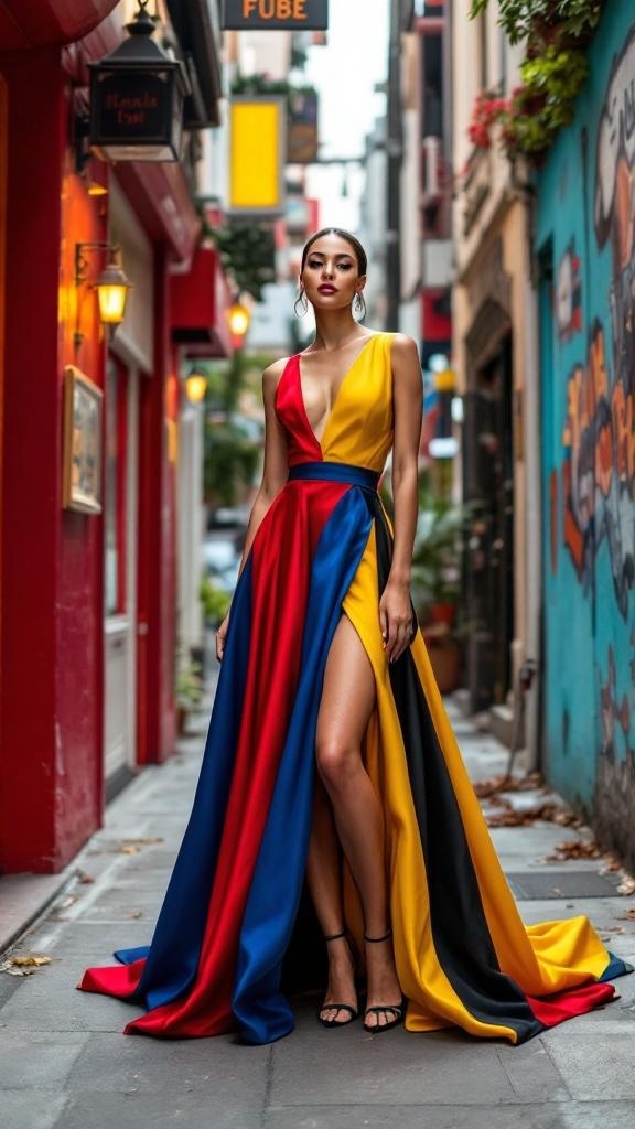 A model wearing a bold color-blocked dress with red, yellow, and blue sections, standing confidently in a colorful urban alley.