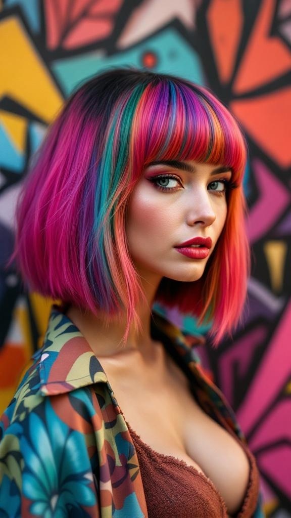 A woman with bold colored bangs featuring pink and teal hues, standing in front of a colorful mural.