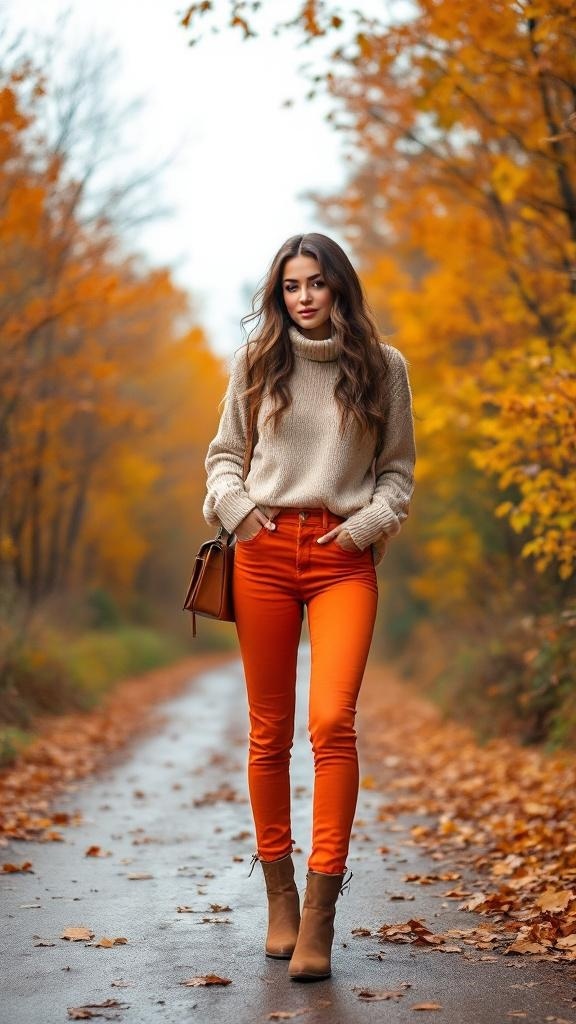 A woman wearing bright orange jeans and a beige sweater walking on a path surrounded by autumn leaves.