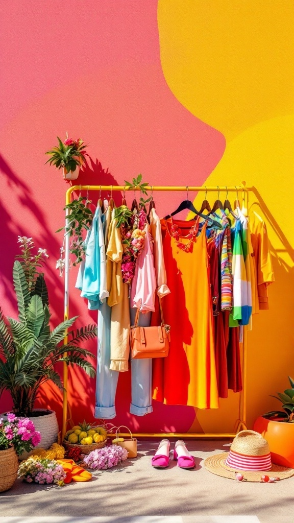 Colorful summer clothing displayed on a rack against a bright wall, with flowers and accessories.
