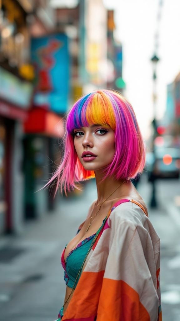 A young woman with bold curtain bangs in bright colors, standing on a city street.