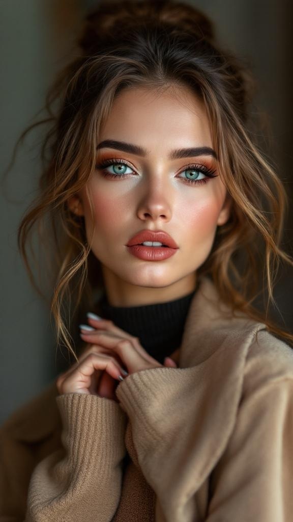 A model with bold makeup featuring vibrant eye colors and warm lip shade, wearing a cozy sweater.