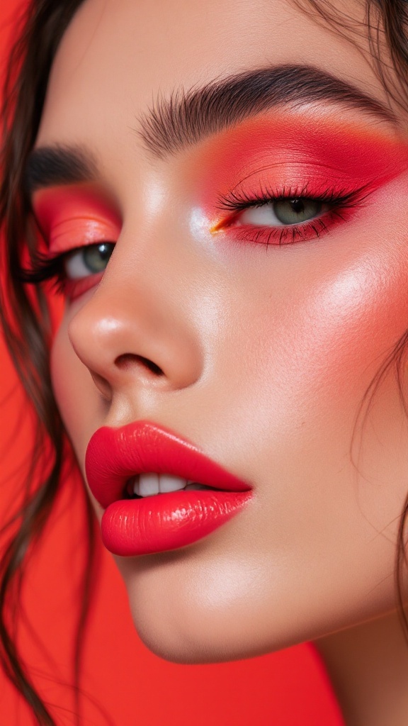 A model showcasing a bold monochromatic makeup look with coral tones on the eyes and lips.