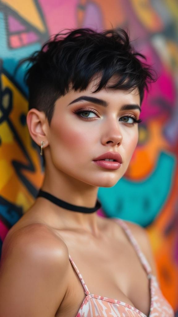 A model with a bold pixie cut, featuring dark tousled hair and a colorful graffiti background.