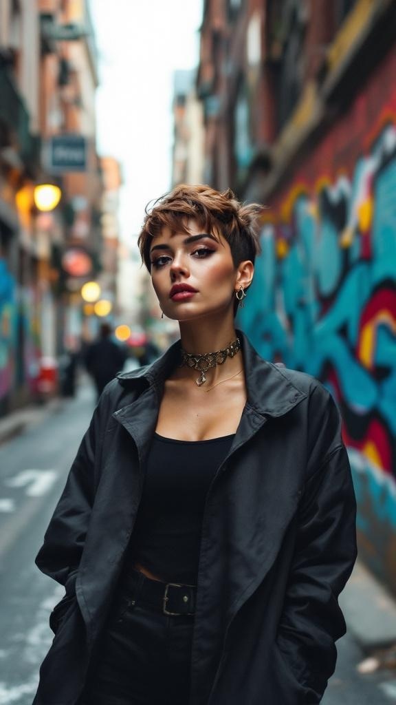A woman with a bold pixie cut standing in an urban alley with colorful graffiti.