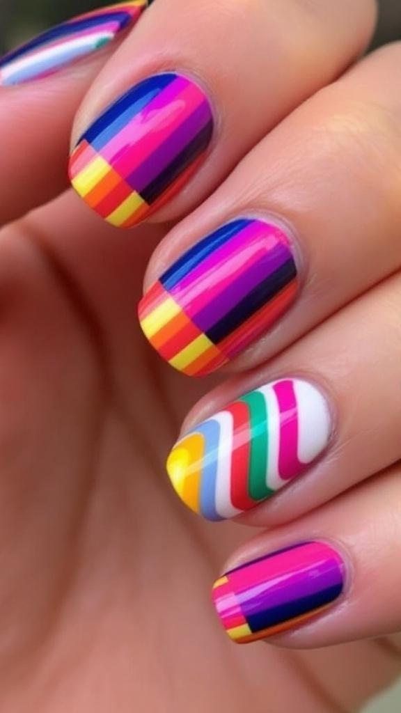 Nail design featuring bold stripes in various colors on a neutral background.