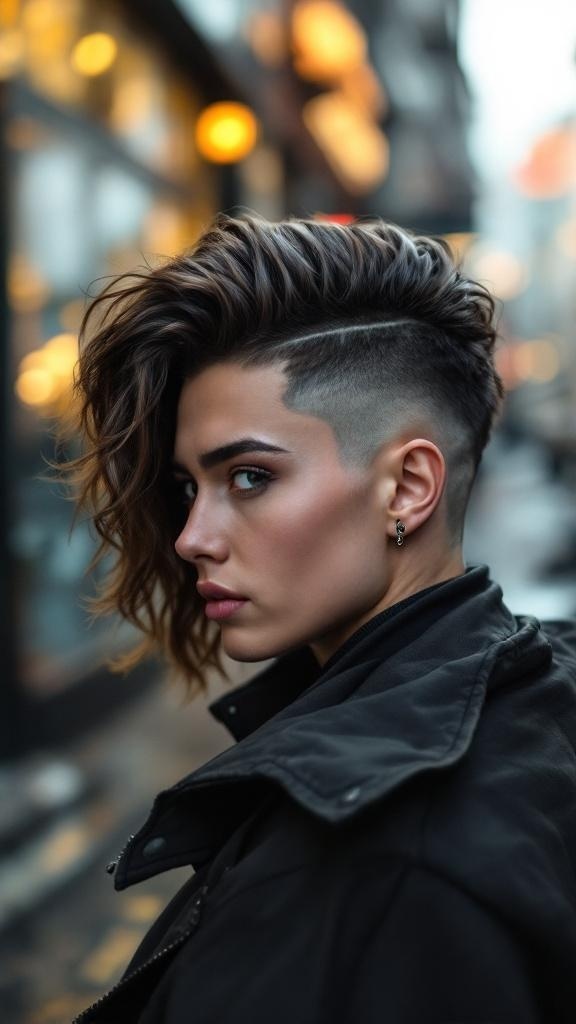 A person with a bold undercut hairstyle featuring wavy hair on top, styled in an urban setting.