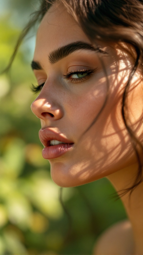 Close-up of a model showcasing bold brows and natural makeup in a summer setting.