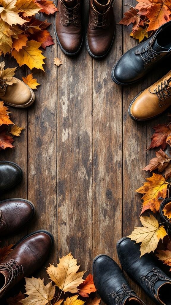 An assortment of boots in various colors and styles surrounded by autumn leaves on a wooden surface.