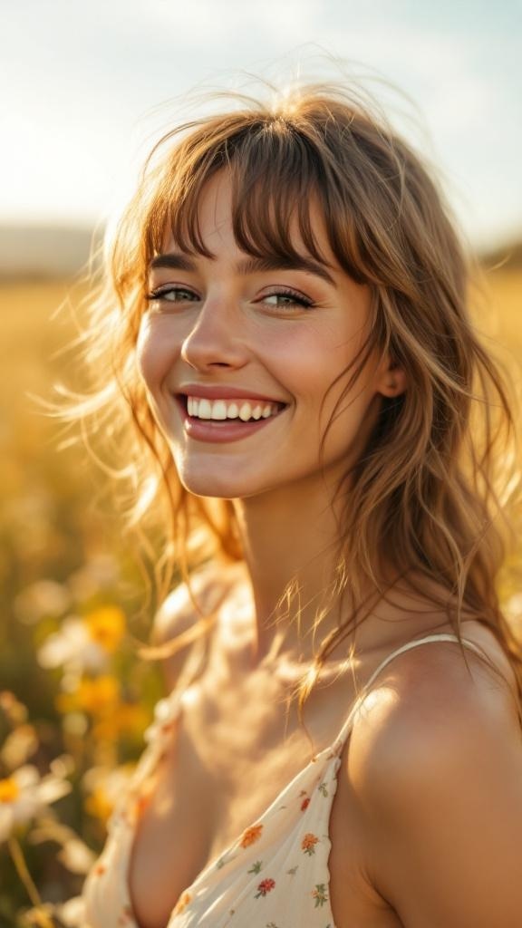 A woman with bouncy bangs smiling in a field of flowers