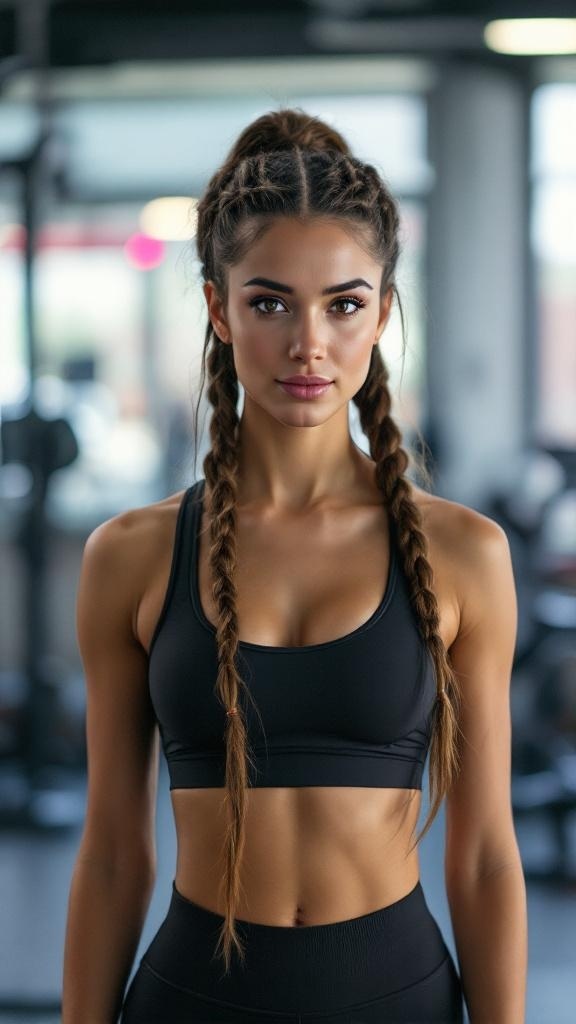 A woman with boxer braids in a gym setting, wearing a black sports bra and looking confident.