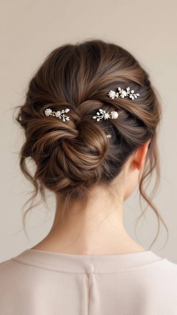 A braided bun hairstyle with decorative hair accessories