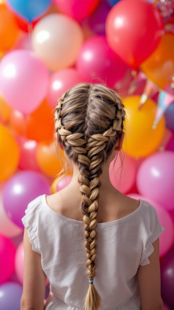 A girl with a braided crown hairstyle, set against a colorful balloon background.
