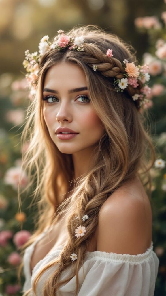 A woman with long hair styled in a braided crown adorned with flowers, set against a floral background.
