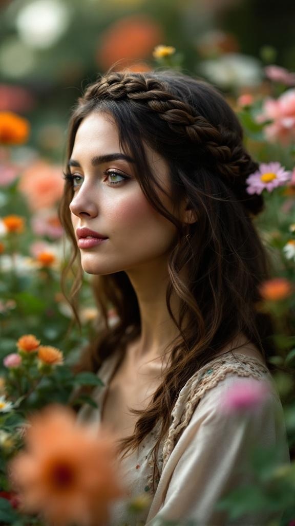 A woman with a braided crown hairstyle surrounded by colorful flowers.