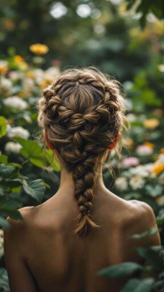 A braided crown hairstyle on short hair surrounded by flowers