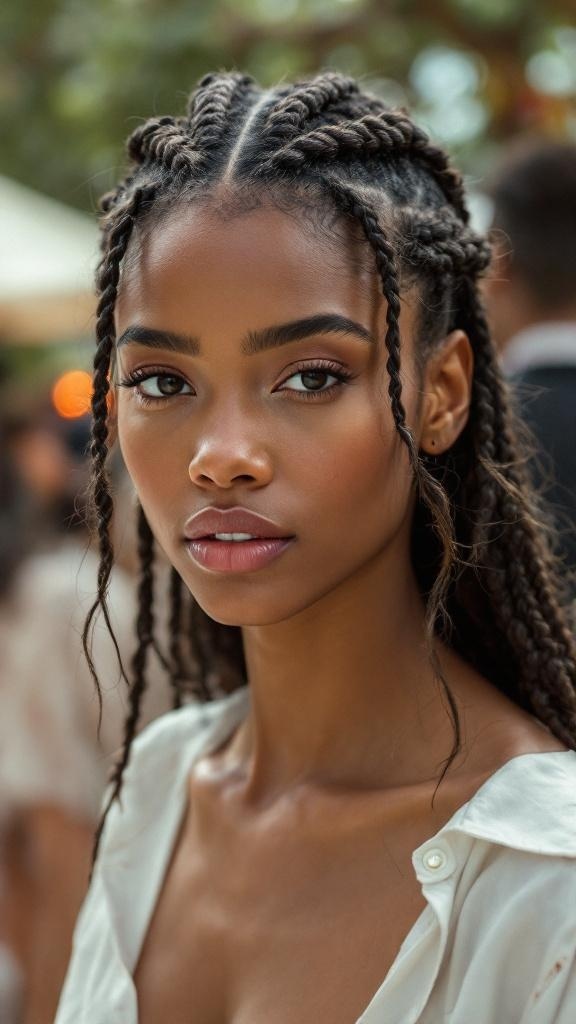 A close-up of a person with braided half-updo hairstyle, showcasing neat braids and natural hair texture.