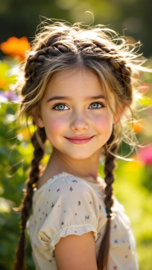 A young girl with braided headband hairstyle, smiling in a garden.