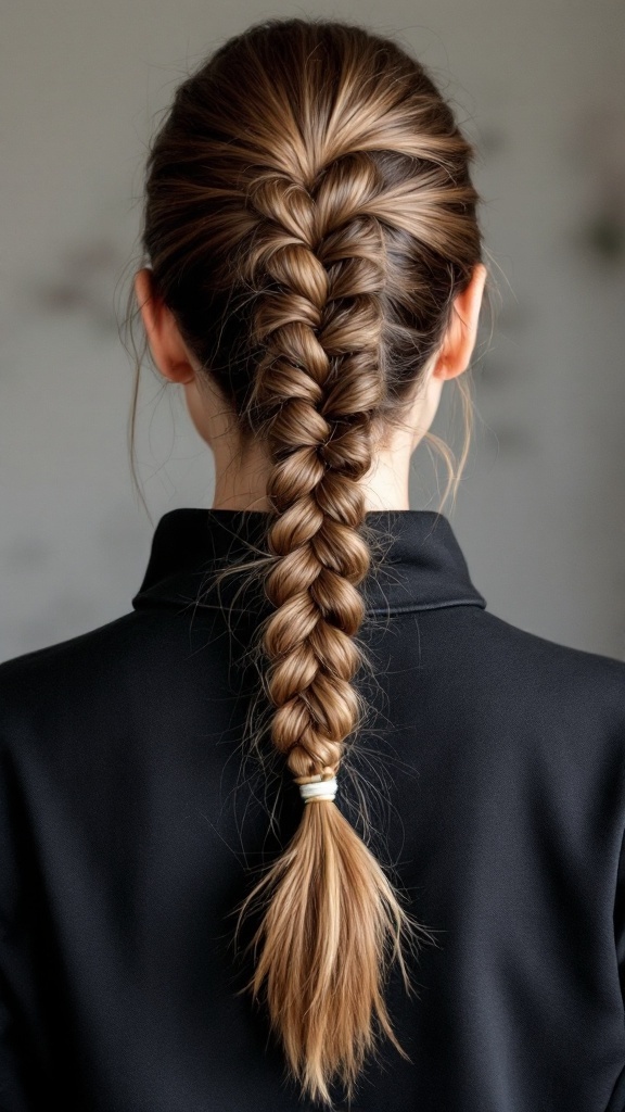 A close-up of a braided high ponytail hairstyle.