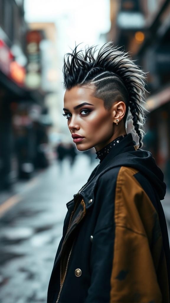 A woman with a braided mohawk hairstyle, showcasing a bold and edgy look.