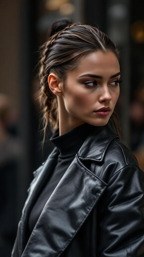 A woman with a braided ponytail wearing a black leather jacket.