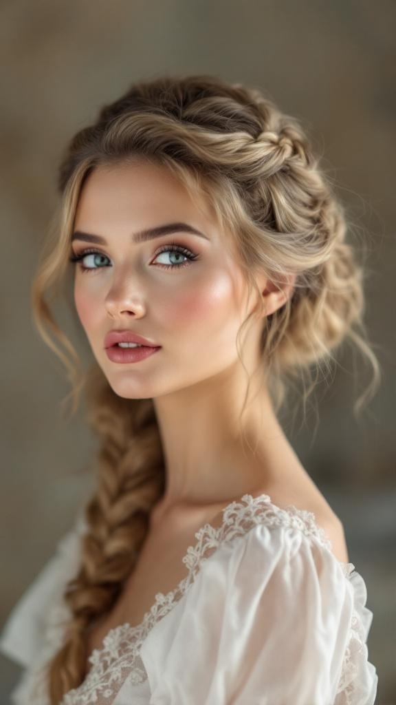 A model with a braided side bun hairstyle, showcasing elegance and playfulness.