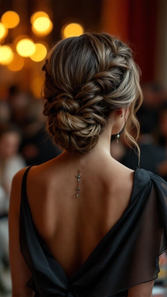 A beautiful braided updo hairstyle with soft strands framing the face.