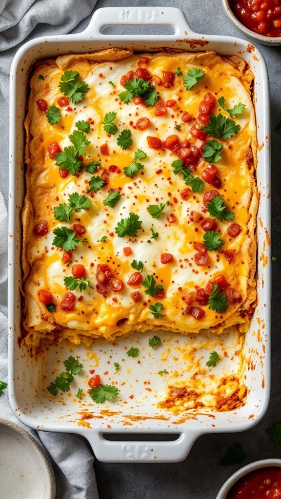 A delicious breakfast burrito casserole topped with fresh cilantro and diced tomatoes