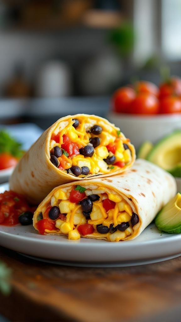 Delicious breakfast burritos filled with eggs, black beans, and vegetables on a plate.