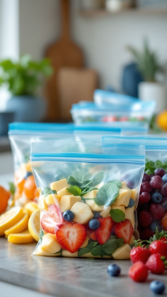 Colorful smoothie packs filled with fruits and greens