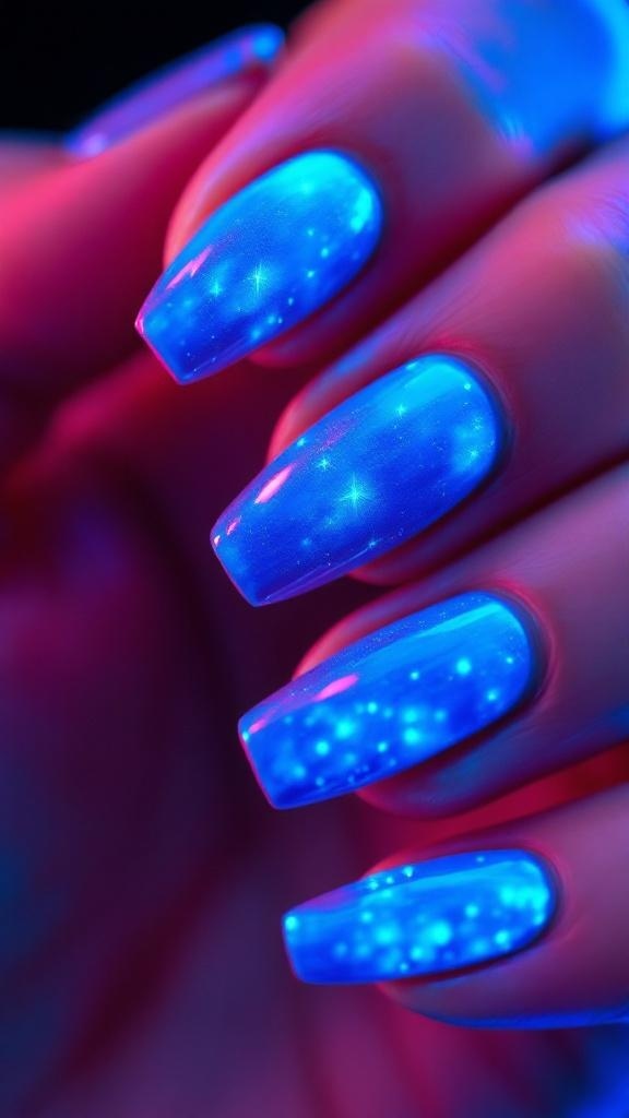 A hand displaying long nails painted in bright blue neon polish, glowing under a light.