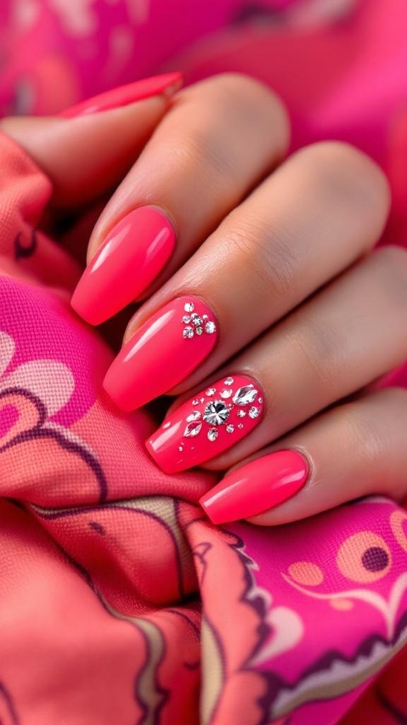 Bright coral pink nails with rhinestones