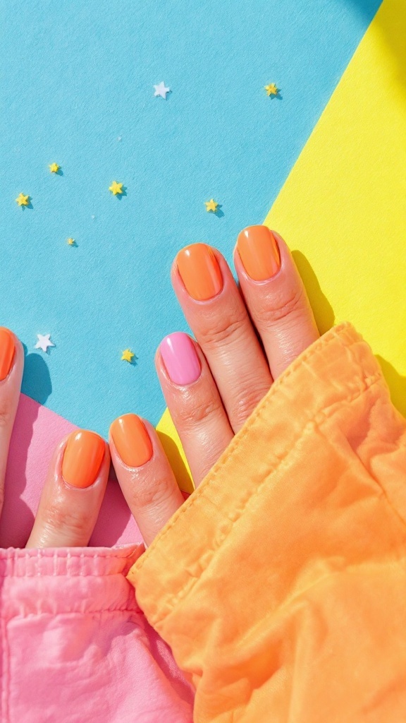 Hands with bright orange and pink nails against colorful background
