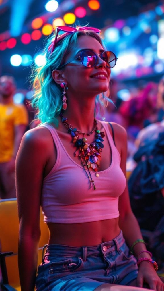 A woman at a concert wearing a colorful bikini top, floral skirt, and vibrant accessories, with a lively background.
