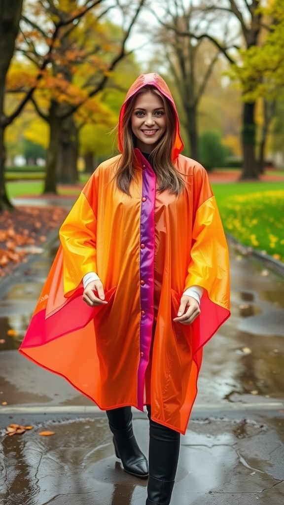 A person wearing a brightly colored rain poncho and yellow rain boots, standing on a wet path during a rainy day.