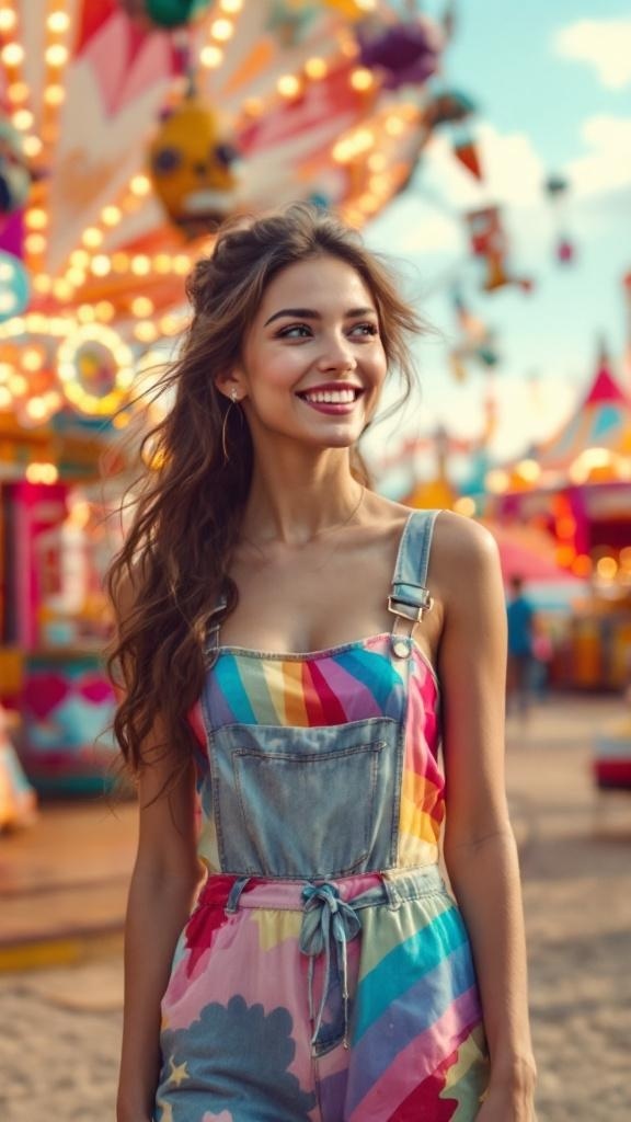 A young woman wearing a brightly colored romper with denim accents, smiling at a carnival.