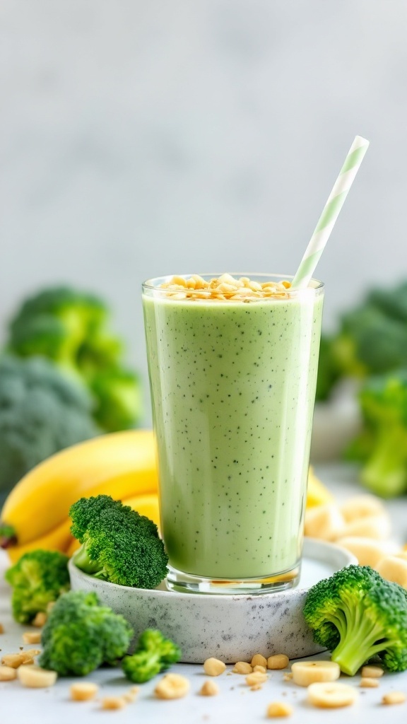 A glass of green smoothie made with broccoli and banana.