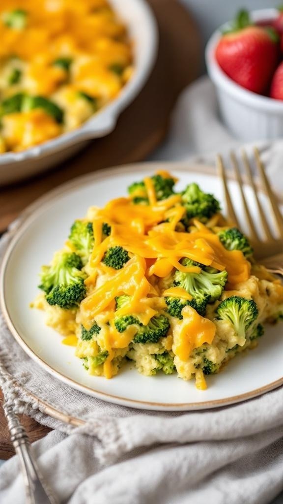 A serving of broccoli and cheddar casserole on a plate, garnished with melted cheese.