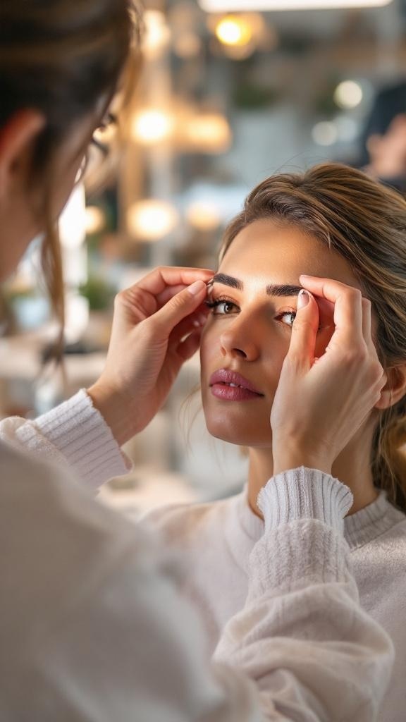 A beauty expert shaping a client's eyebrows in a well-lit salon.