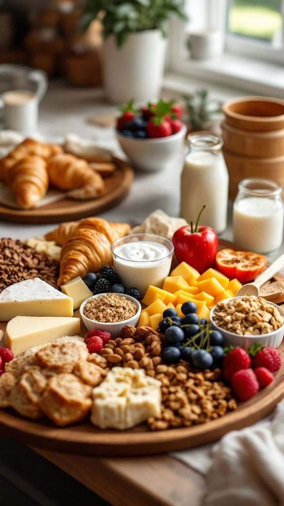 A beautiful brunch-inspired charcuterie board featuring cheeses, fruits, nuts, granola, yogurt, and pastries.