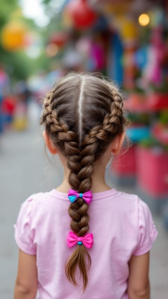 A girl with a bubble braid hairstyle decorated with colorful bows.