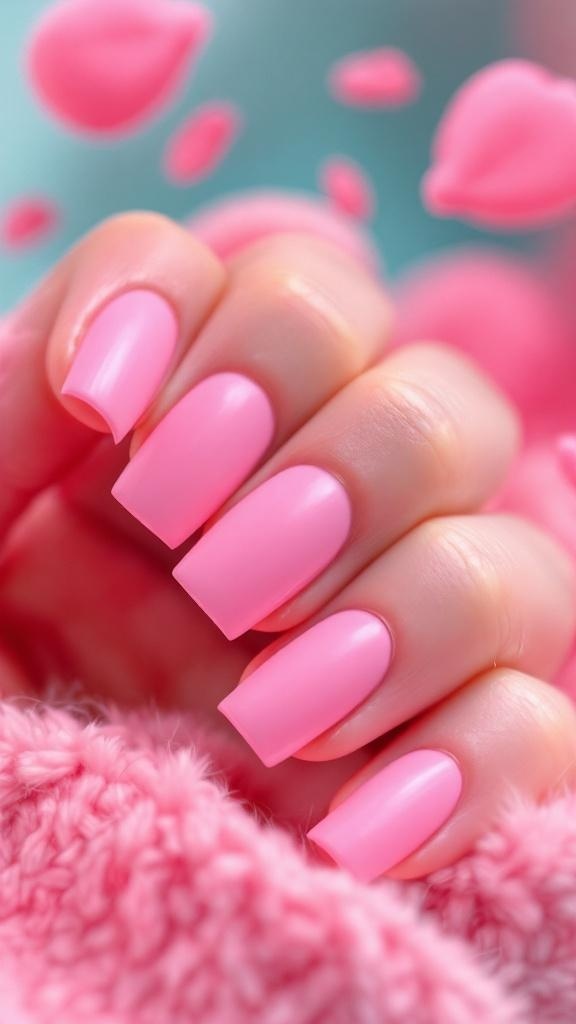 Close-up of bubblegum pink nails with a matte finish