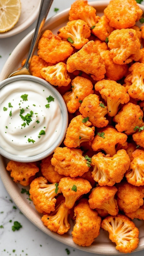 Buffalo cauliflower bites served with blue cheese dip.