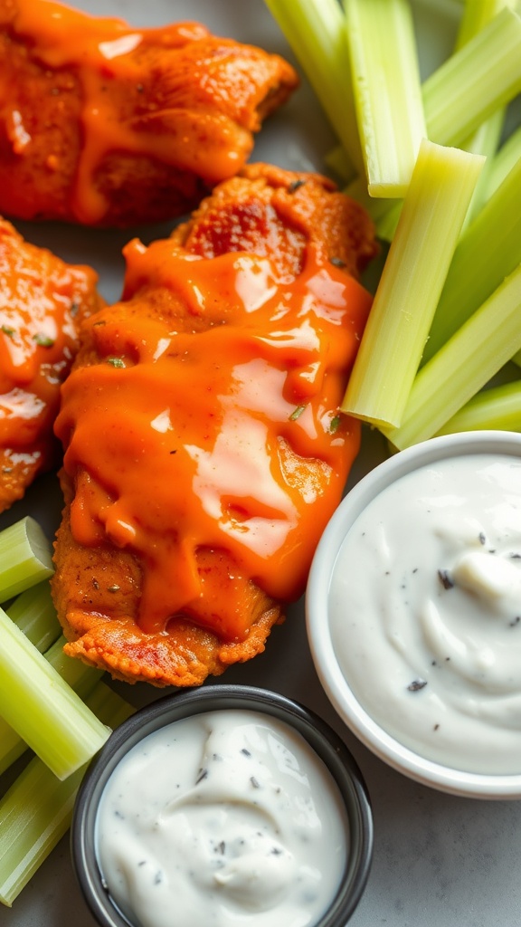 Buffalo chicken breasts drizzled with hot sauce, served with celery sticks and ranch dressing.