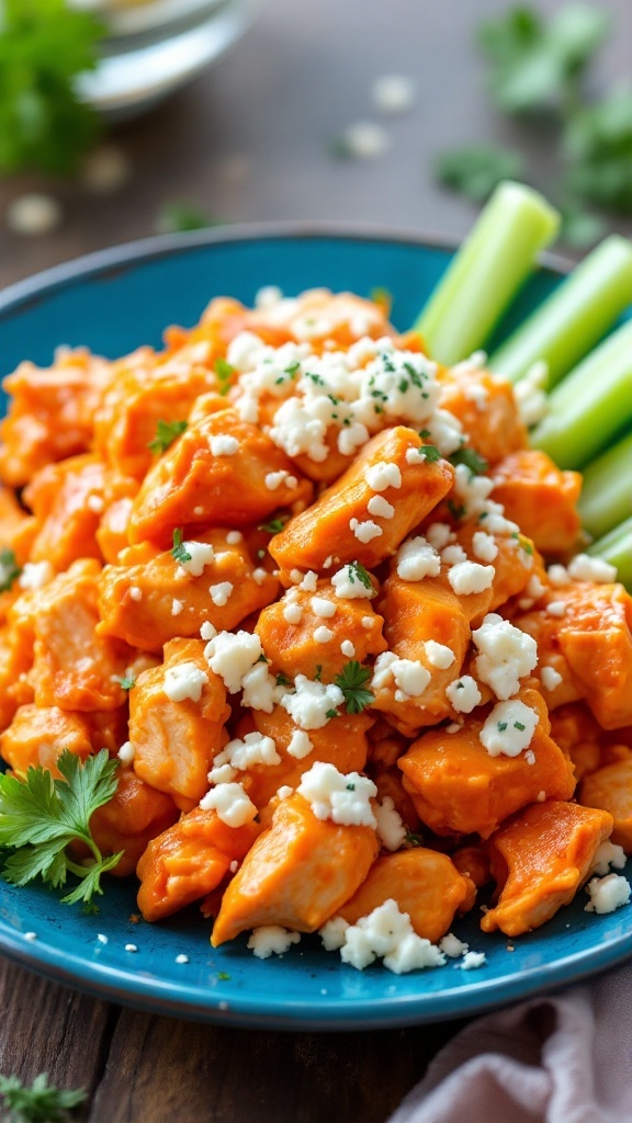A serving of Buffalo Chicken Salad topped with blue cheese and garnished with celery.