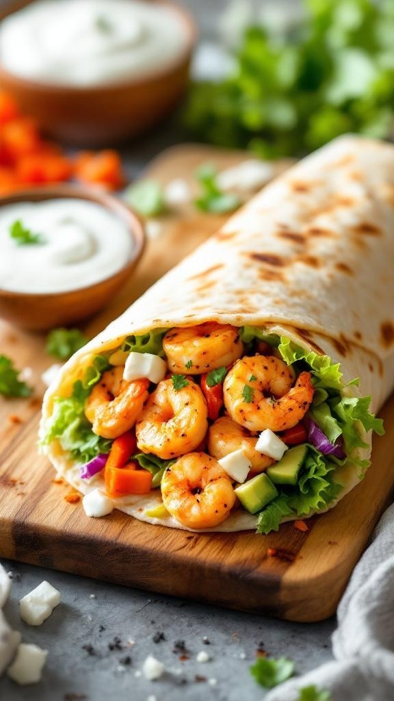Buffalo shrimp wrap with lettuce, colorful veggies, and ranch dressing on a wooden board.