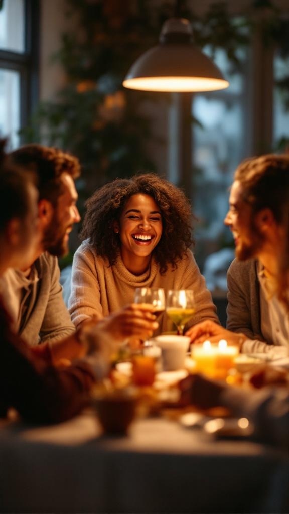 A group of friends enjoying drinks and laughter around a table.