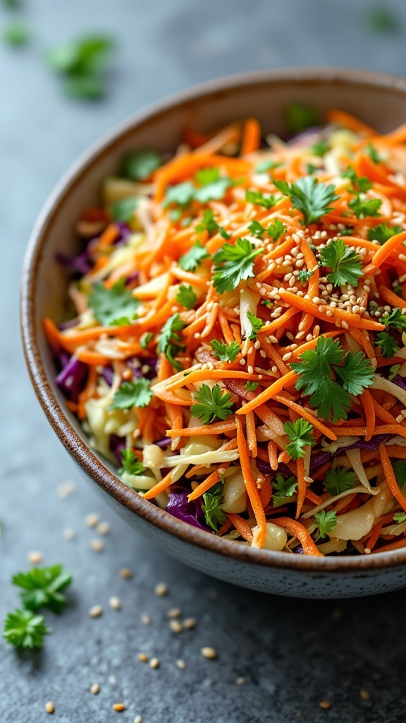 A bowl of colorful cabbage and carrot slaw garnished with cilantro and sesame seeds.